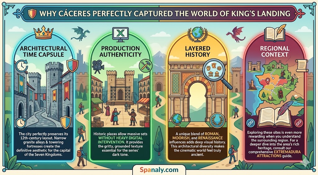 A colorful infographic explaining why Cáceres, Spain, was chosen as a filming location for House of the Dragon, highlighting its architectural time capsule, production authenticity, and layered history as King's Landing.