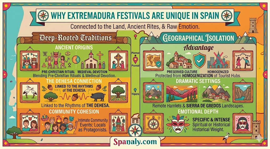 A vibrant infographic illustrating why Extremadura's festivals are unique in Spain, showcasing deep-rooted traditions from ancient rituals to the rural rhythm of the dehesa, and the cultural preservation advantage of geographical isolation and dramatic, emotional settings.