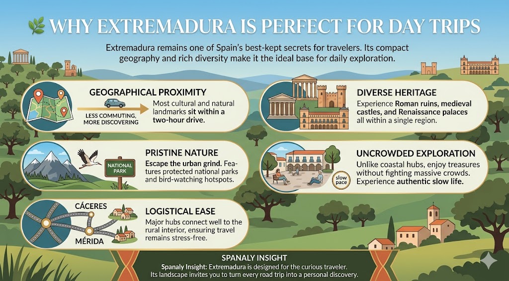 An infographic highlighting why Extremadura is the perfect destination for day trips, showcasing its geographical proximity, rich heritage, pristine nature, and uncrowded travel experience in Spain.