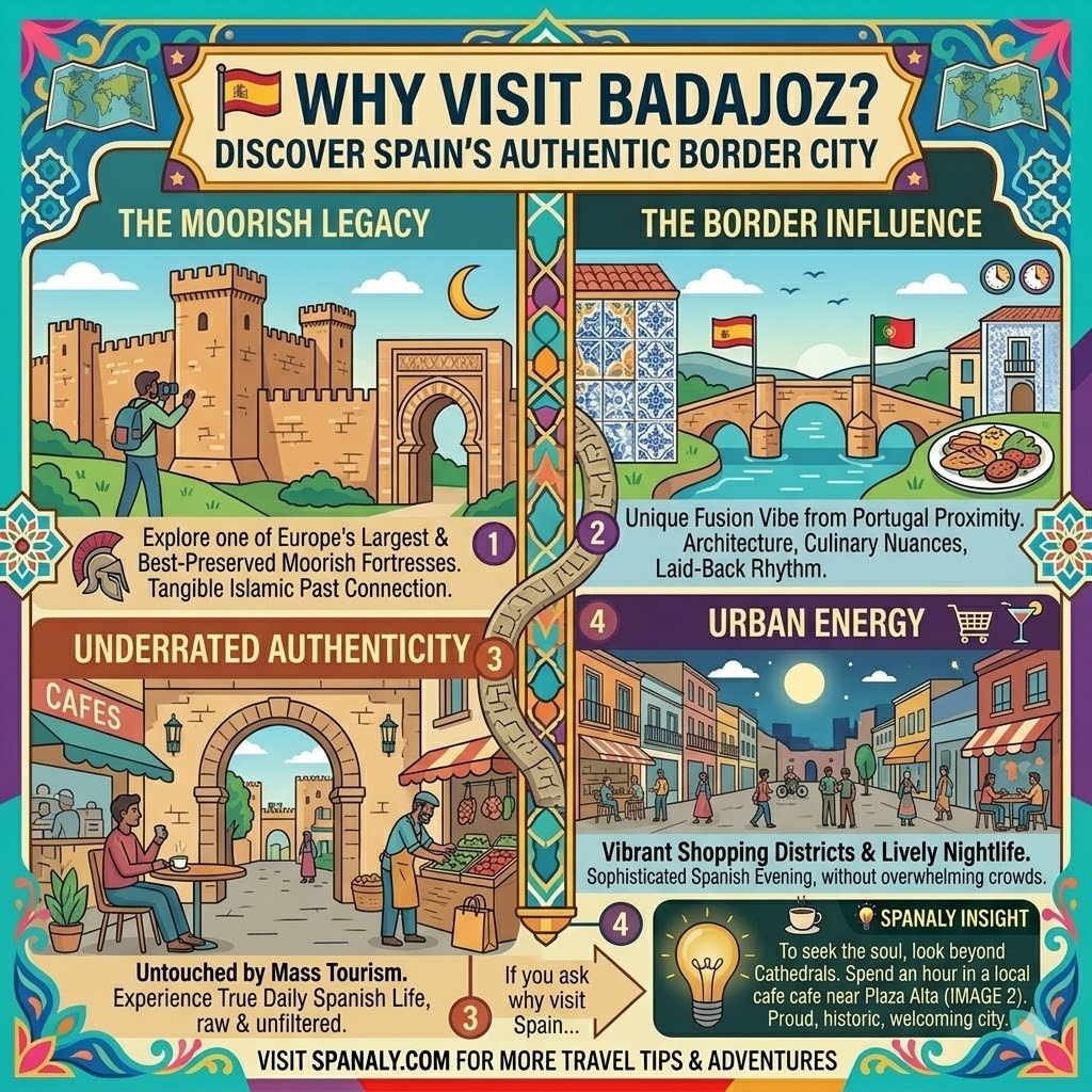 Colorful travel infographic highlighting why to visit Badajoz, Spain, featuring its Moorish legacy, Portuguese border influence, and authentic local atmosphere by Spanaly.com.