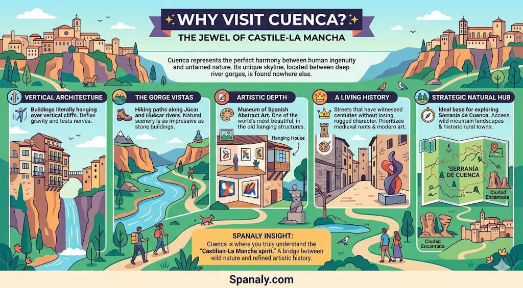 An infographic highlighting reasons to visit Cuenca, featuring its vertical architecture, gorge vistas, abstract art, and role as a natural hub.
