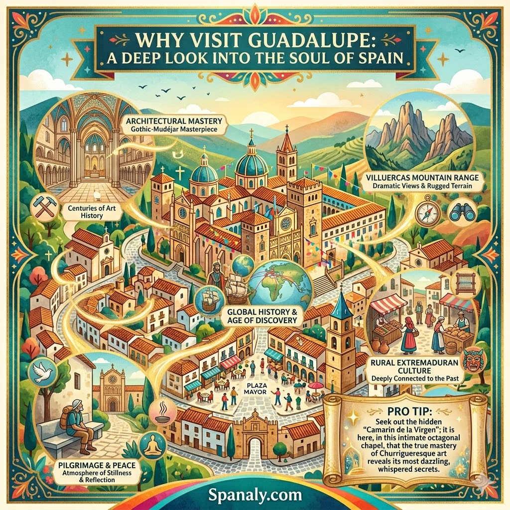 Infographic highlighting reasons to visit Guadalupe, Spain, featuring its Gothic-Mudéjar architecture, spiritual atmosphere, mountain landscapes, and cultural history.