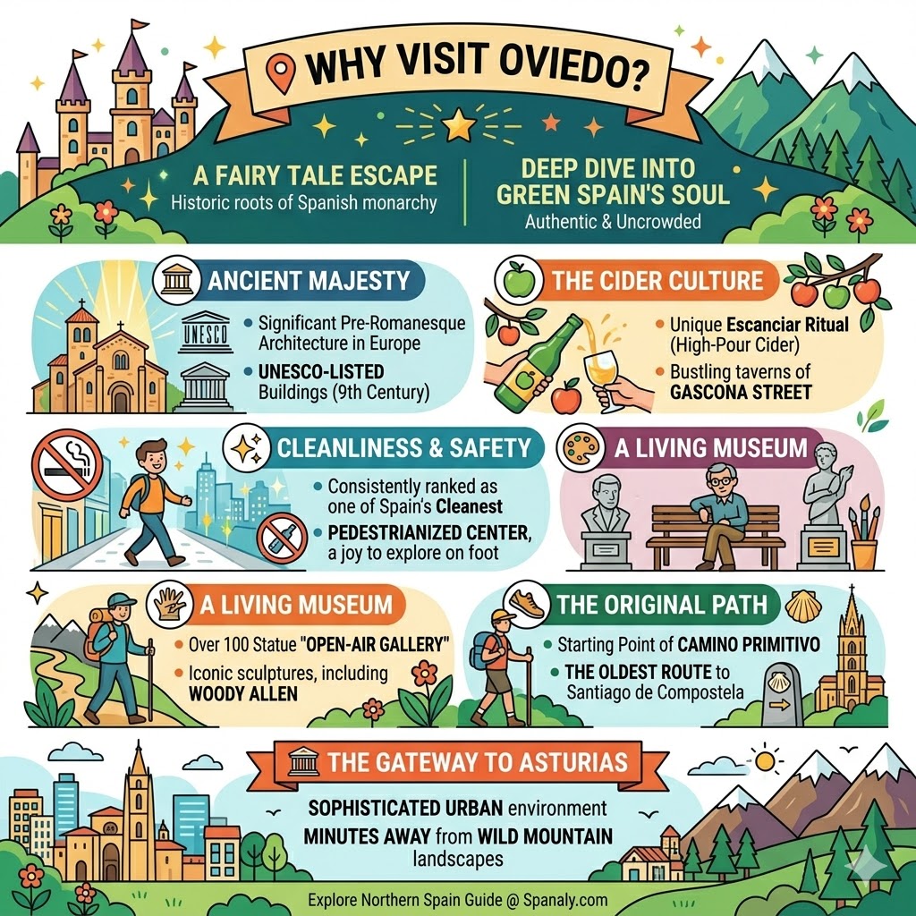 Infographic highlighting reasons to visit Oviedo Asturias including Pre-Romanesque architecture, cider culture, and the Camino Primitivo in Spain.