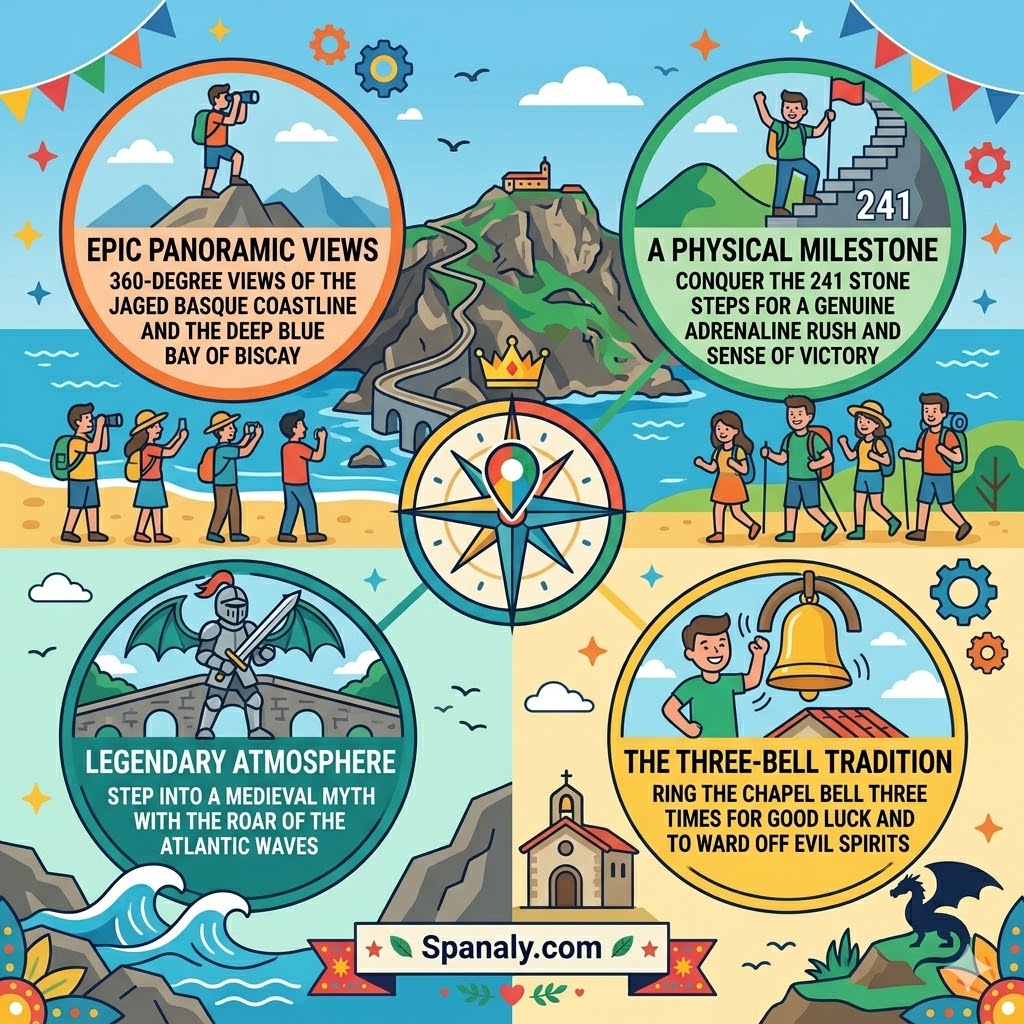A colorful, festive infographic illustrating why to visit San Juan de Gaztelugatxe, featuring panels for epic panoramic views, the 241 stairs physical milestone, legendary atmosphere, and the three-bell tradition.