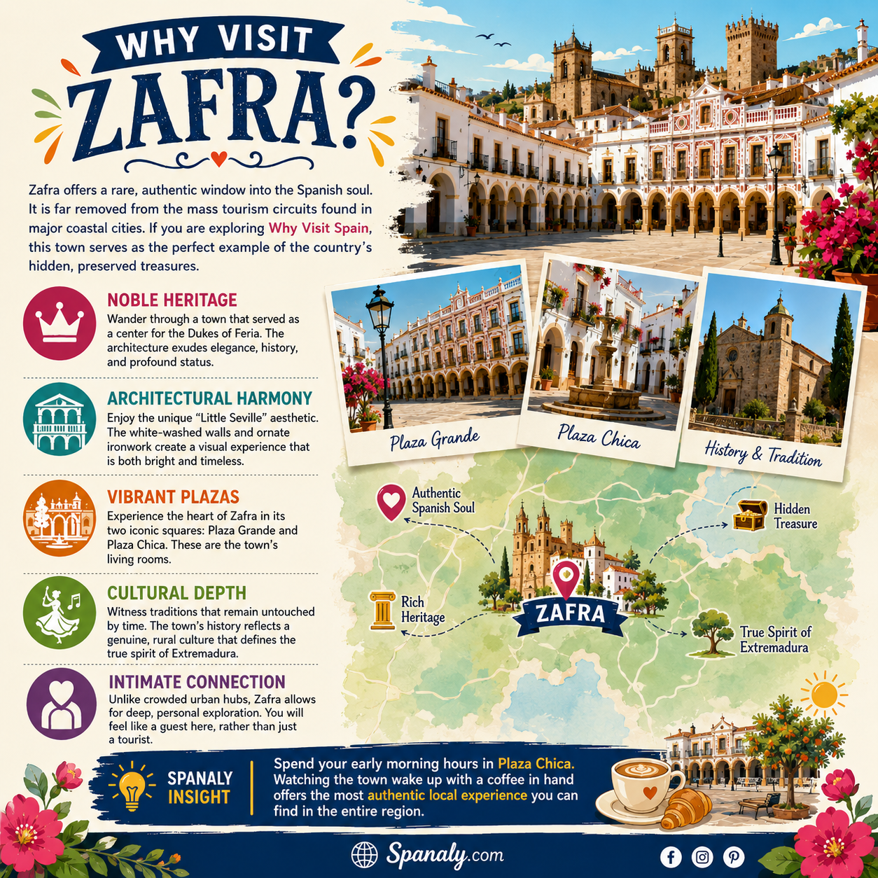 Colorful infographic about why to visit Zafra in Extremadura Spain featuring Plaza Grande, Plaza Chica, noble heritage, whitewashed architecture, authentic culture, and hidden travel experiences by Spanaly.com