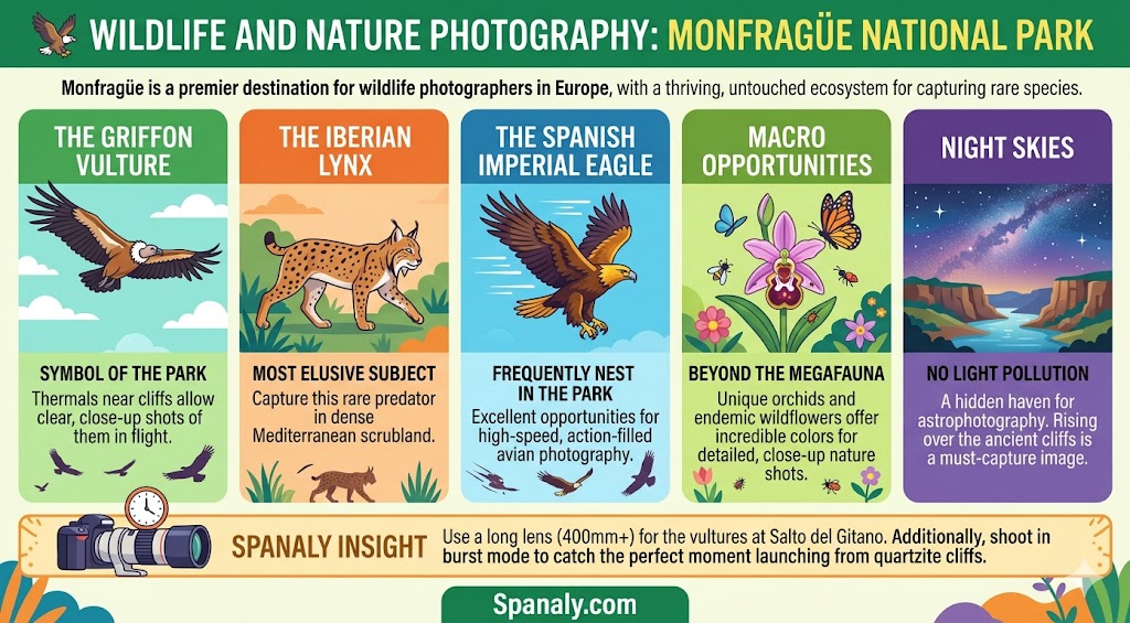 Infographic guide for wildlife photography in Monfragüe National Park, featuring tips for capturing griffon vultures, the Iberian lynx, Spanish imperial eagles, and astrophotography.