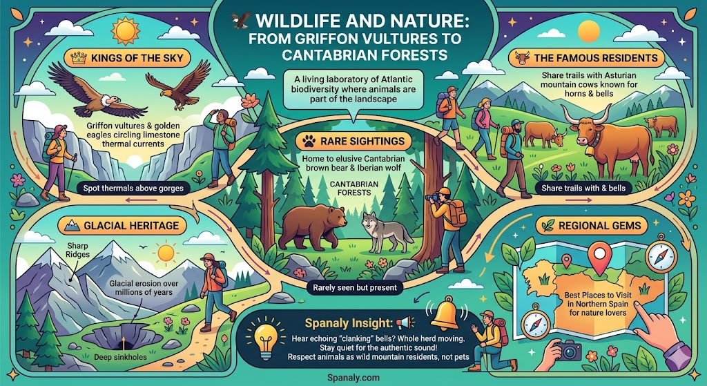 Infographic of Picos de Europa wildlife featuring griffon vultures Asturian cows and Cantabrian brown bears in Asturias.