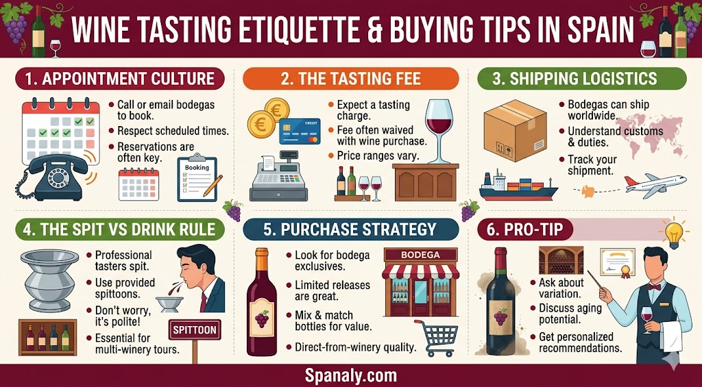 Infographic guide on wine tasting etiquette and buying tips in Spain, featuring advice on appointments, tasting fees, shipping, spitting, and purchase strategies.