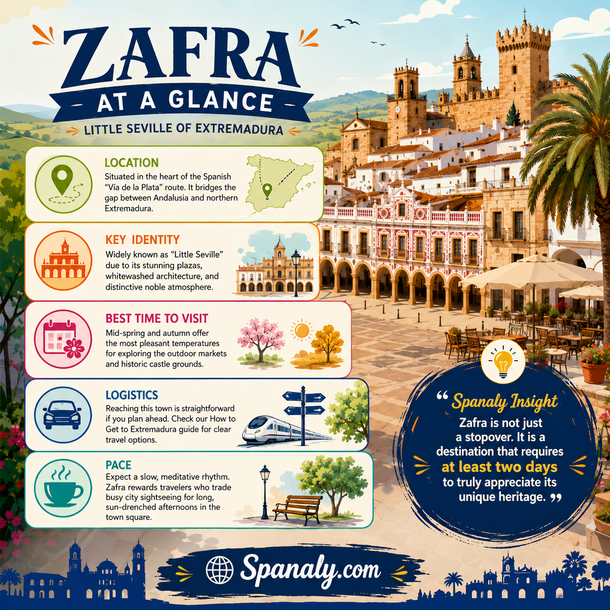 Colorful infographic about Zafra Spain featuring travel highlights, best time to visit, location in Extremadura, historic plazas, and Little Seville atmosphere by Spanaly.com