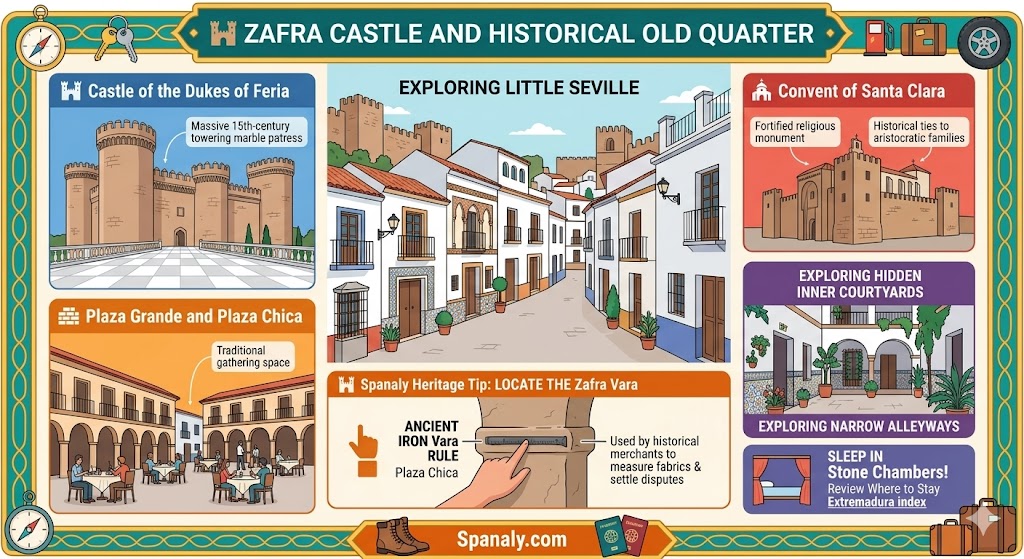 Zafra Castle infographic showing the Dukes of Feria fortress white marble patio Plaza Grande and Plaza Chica squares
