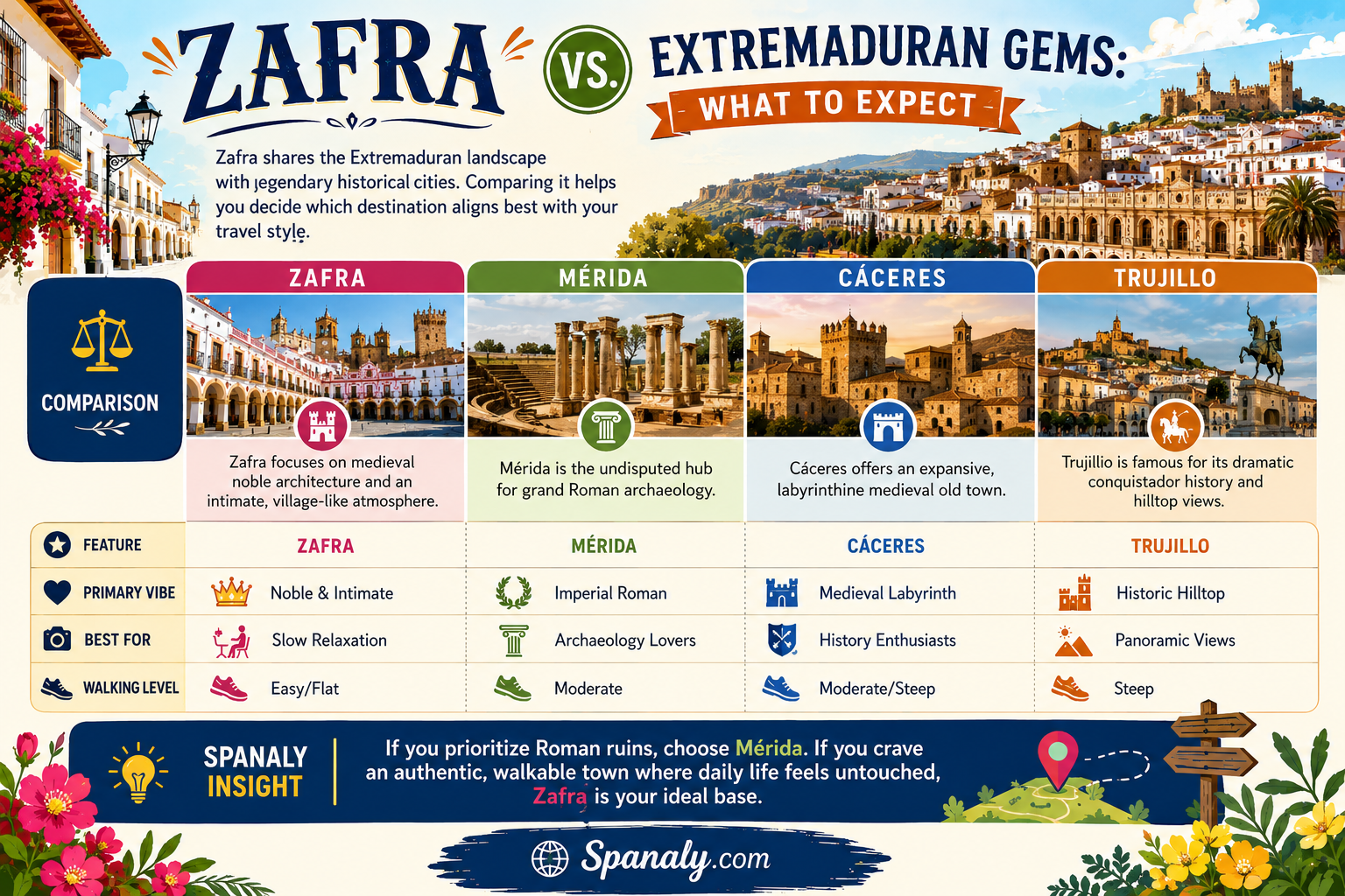 Colorful travel infographic comparing Zafra, Mérida, Cáceres, and Trujillo in Extremadura Spain featuring historic attractions, travel styles, walking levels, and cultural atmosphere by Spanaly.com