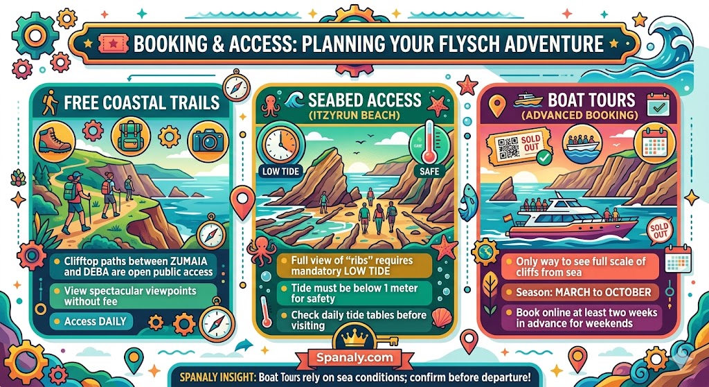 A colorful vector infographic providing a clear booking and access guide for the Zumaia Flysch in Spain, illustrating free coastal trails, seabed access during low tide, and the boat tours booking season from March to October.