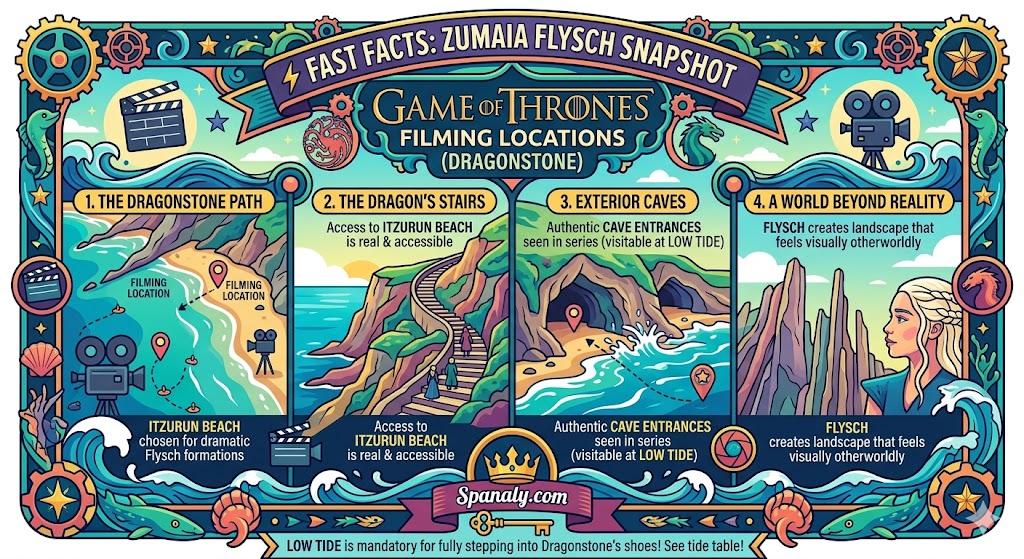 A colorful vector infographic highlighting Game of Thrones filming locations in Zumaia, featuring the Dragonstone path at Itzurun Beach, the Dragon’s Stairs, and exterior caves visible at low tide.