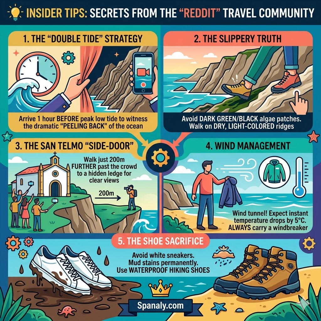 A colorful vector infographic for Zumaia Flysch featuring insider travel secrets: the double tide strategy, avoiding slippery algae, finding the hidden San Telmo ledge, wind management, and the shoe sacrifice tip for muddy trails.