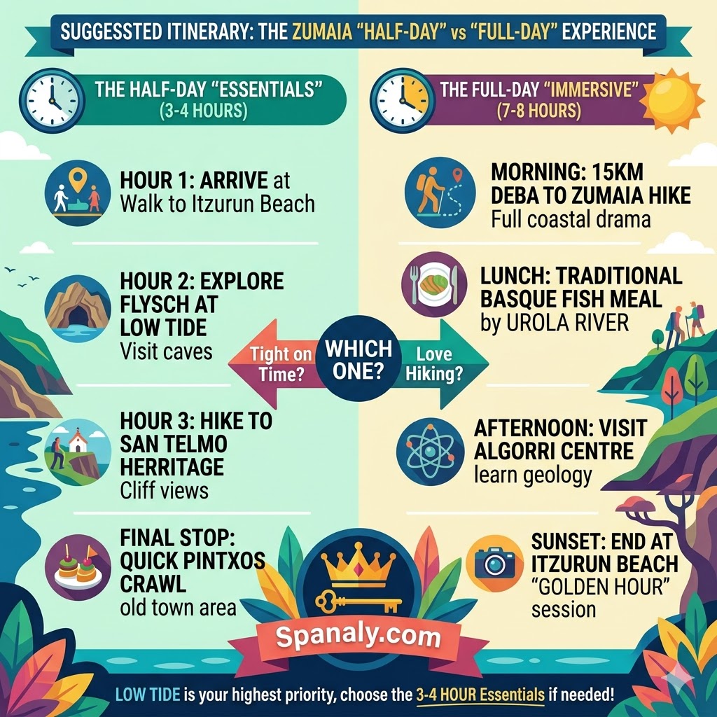 A colorful vector infographic comparing two suggested Zumaia Flysch itineraries: The 'Half-Day Essentials' (3-4 Hours) focusing on low tide Flysch and Pintxos, and the 'Full-Day Immersive' (7-8 Hours) including the Deba hike, traditional meal, Algorri Centre, and golden hour sunset. Includes the Spanaly.com signature.