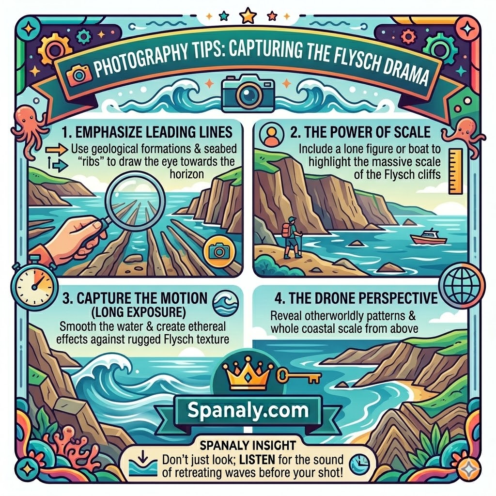 A colorful educational infographic providing photography tips for the Zumaia Flysch, illustrating leading lines using rock strata, scale with figures, long exposure for water motion, and the drone perspective for geological patterns.