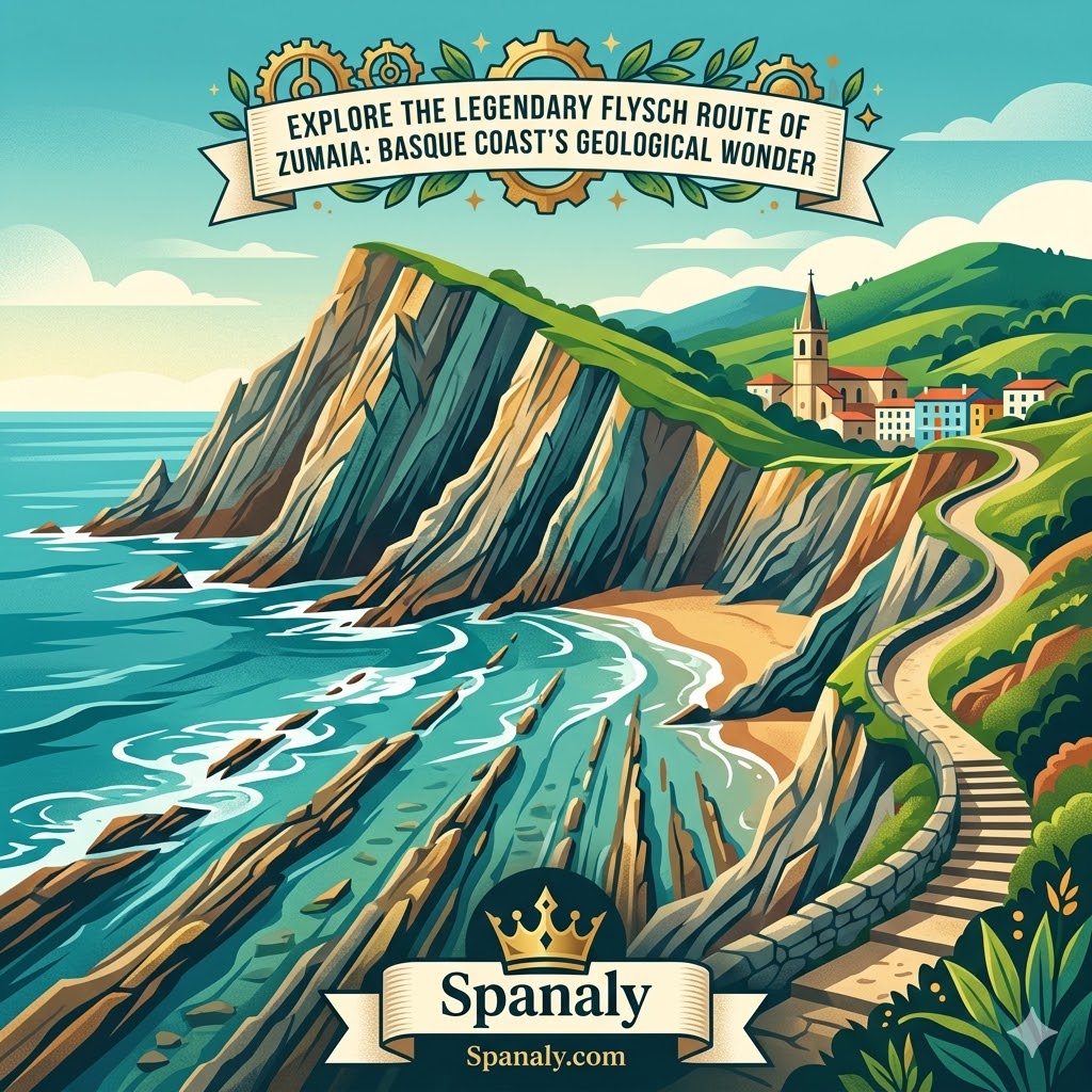 A vibrant flat vector illustration of the Flysch Route in Zumaia, featuring stratified cliffs and the Atlantic coast as a professional travel guide header.