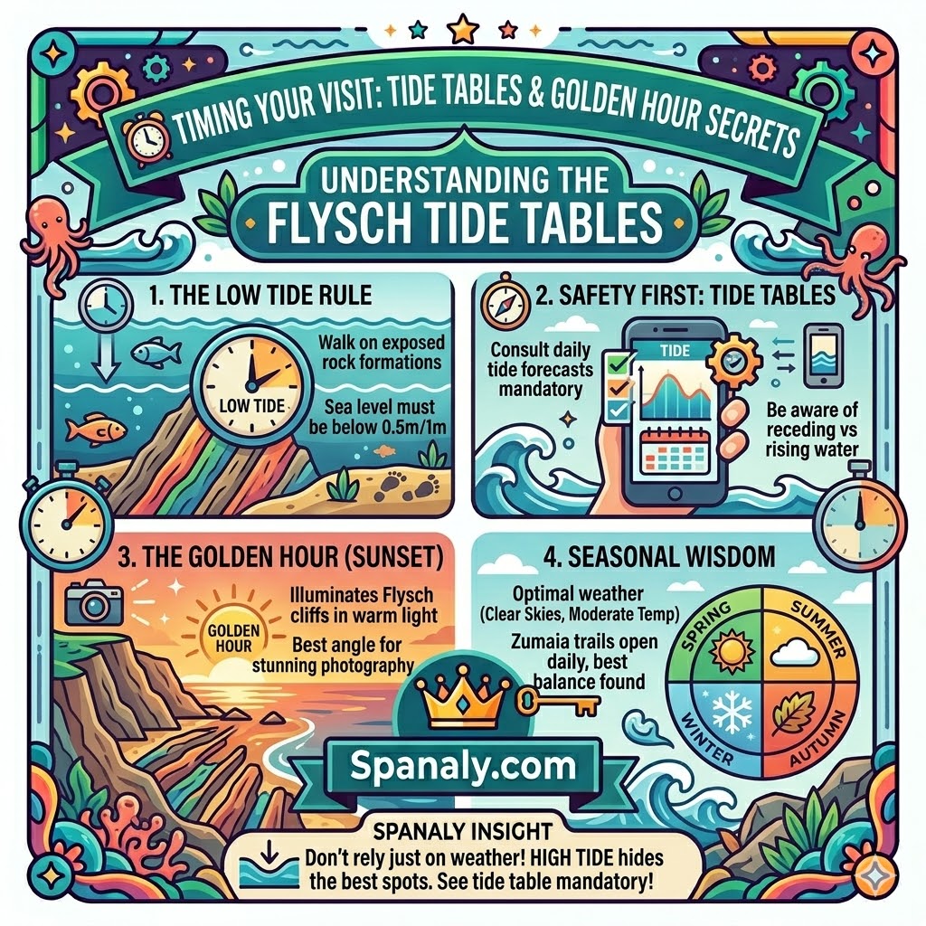 A colorful educational infographic for Zumaia Flysch explaining the low tide rule for walking on rocks, safety tide forecasts on mobile, the golden hour sunset for photography, and the best seasons to visit.