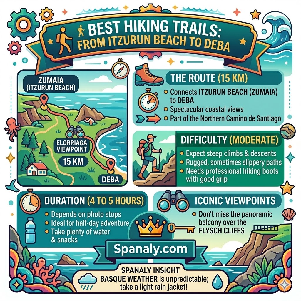 A vibrant colorful vector infographic map showing the 15km hiking trail from Itzurun Beach in Zumaia to Deba, including difficulty level, duration, and iconic viewpoints like Elorriaga.