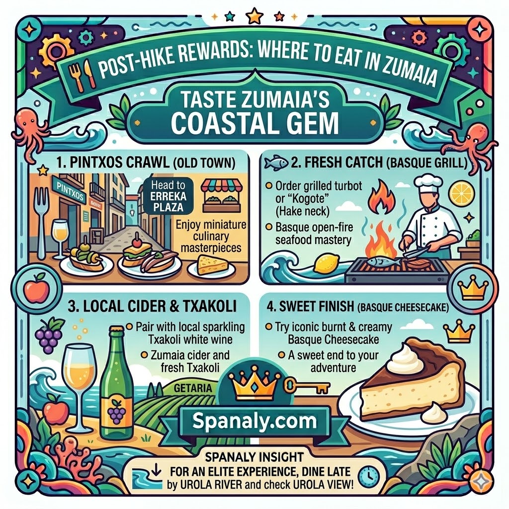 A colorful educational infographic for Zumaia showcasing post-hike food recommendations, featuring Pintxos at Erreka Plaza, fresh grilled catch like Turbot or Hake, local Txakoli wine and cider from Getaria, and Basque Cheesecake, including a Spanaly Insight on dining late by Urola River.