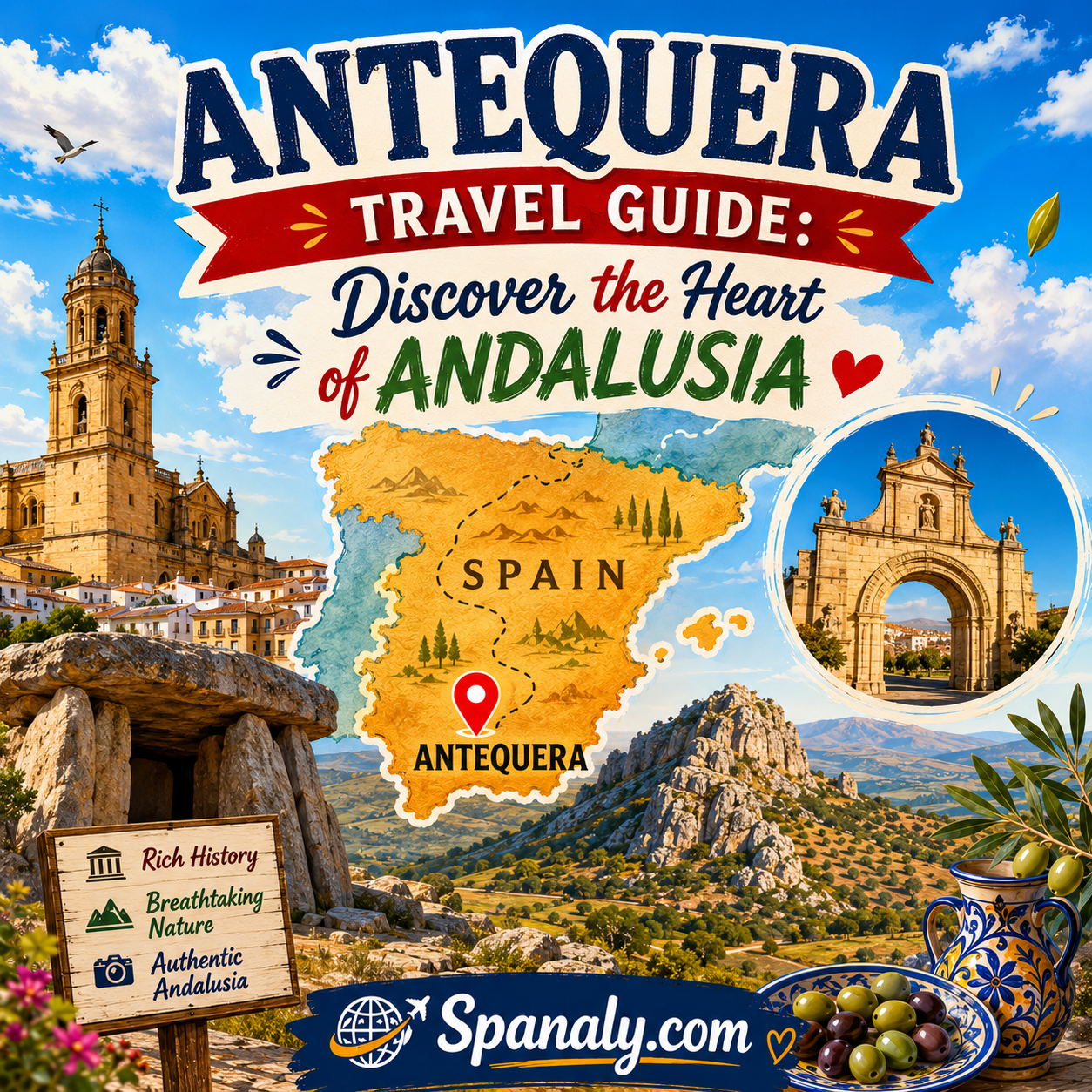 Colorful illustrated travel guide cover for Antequera, Spain, featuring a map of Spain with Antequera highlighted, the Dolmens of Antequera, historic landmarks, dramatic Andalusian landscapes, and iconic cultural attractions in a vibrant flat vector style.