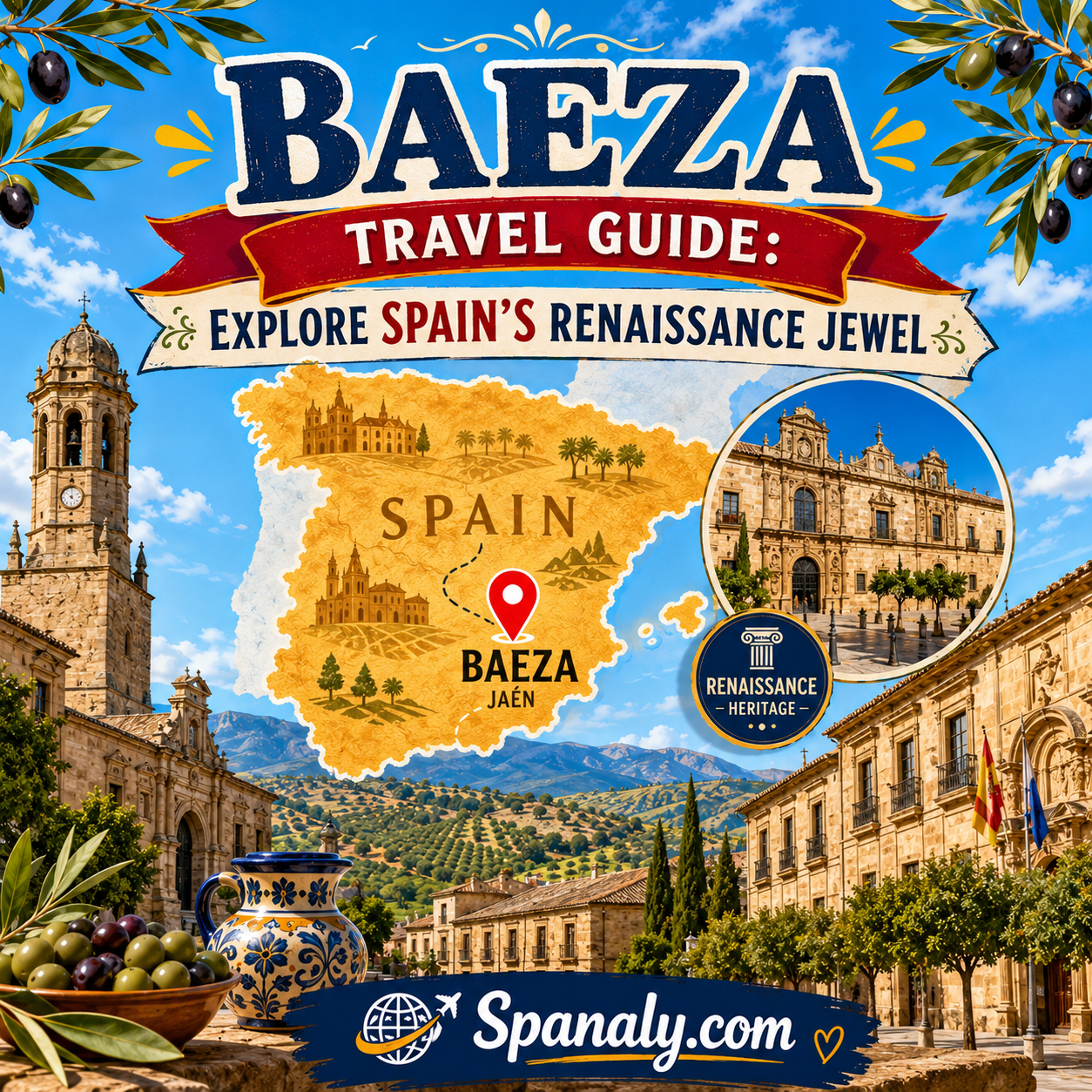 Colorful illustrated travel guide cover for Baeza, Spain, featuring Renaissance architecture, historic landmarks, charming plazas, olive groves, and iconic Andalusian scenery in a vibrant flat vector style.
