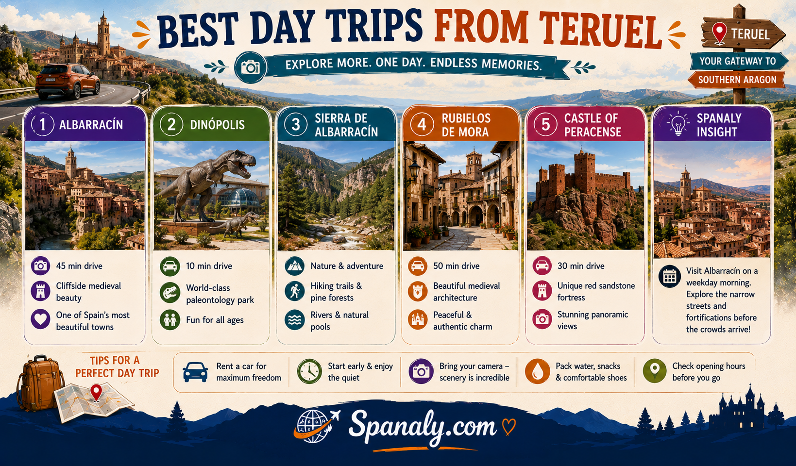 Colorful travel infographic featuring the best day trips from Teruel, Spain, including Albarracín, Dinópolis, Sierra de Albarracín, Rubielos de Mora, Castle of Peracense, scenic road trips, medieval villages, and outdoor adventures in Aragon.