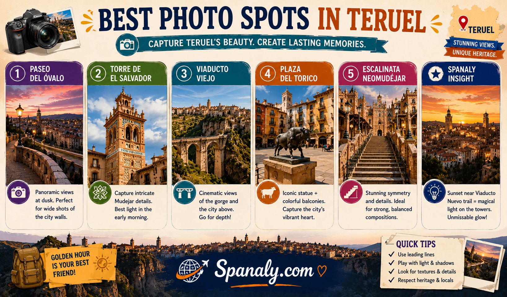 Colorful travel photography infographic featuring the best photo spots in Teruel, Spain, including Paseo del Óvalo, Torre de El Salvador, Viaducto Viejo, Plaza del Torico, Escalinata Neomudéjar, and panoramic sunset viewpoints.