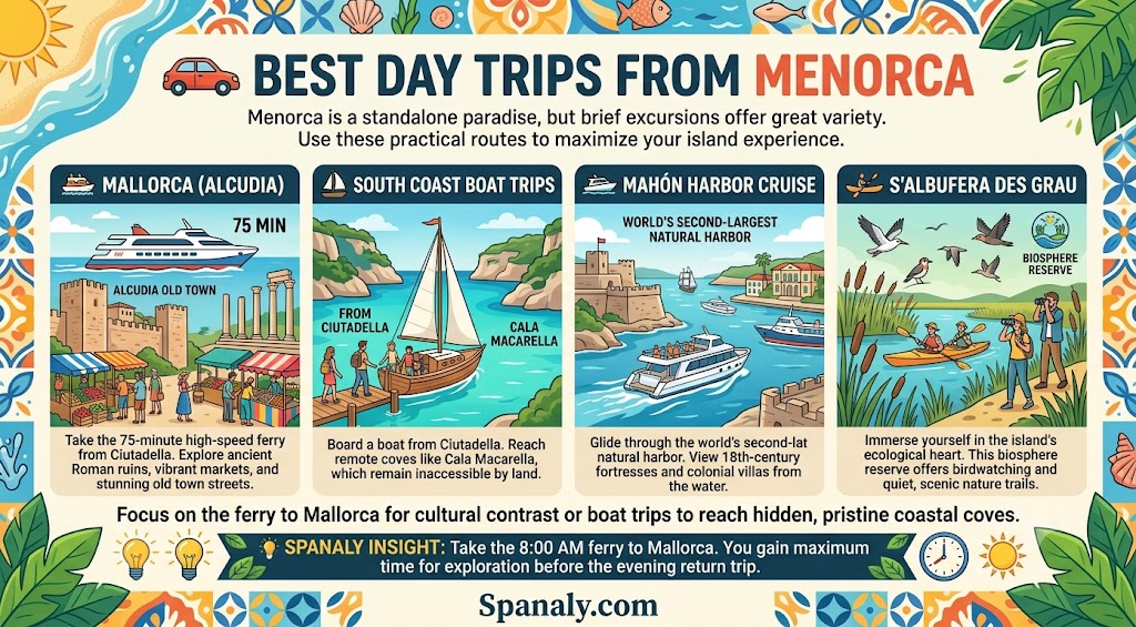 Colorful infographic highlighting the best day trips from Menorca, including ferry trips to Mallorca, South Coast boat tours, Mahón harbor cruises, and exploring S'Albufera des Grau nature reserve.