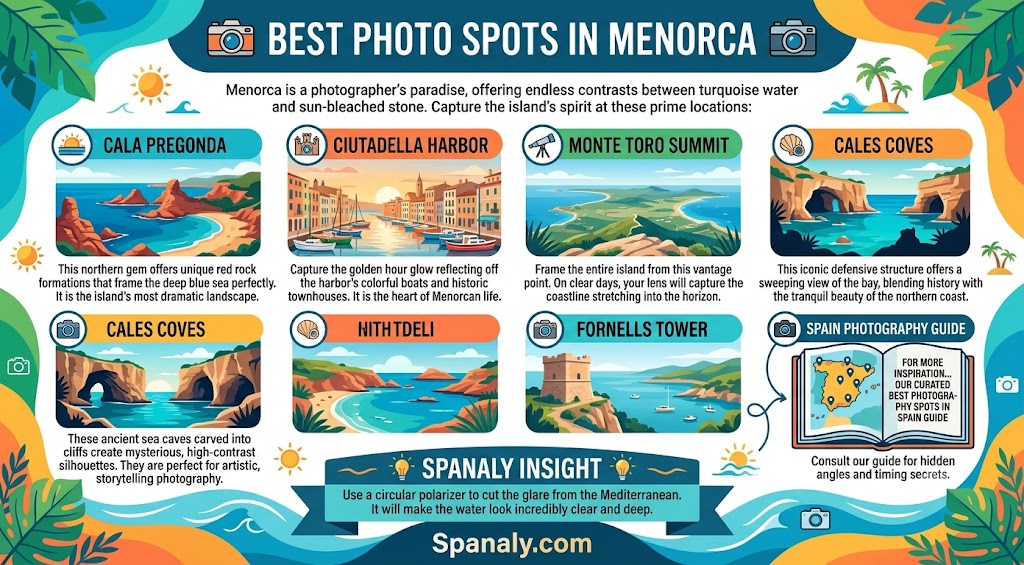 Colorful infographic guide to the best photo spots in Menorca, featuring iconic locations like Cala Pregonda, Ciutadella Harbor, Monte Toro, and Cales Coves for landscape and travel photography.