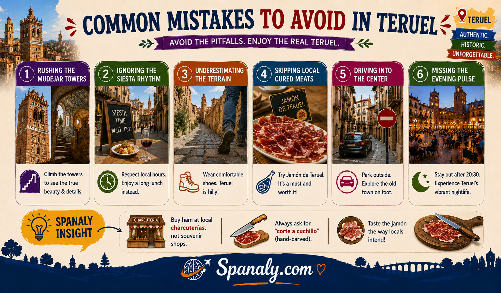 Colorful travel infographic highlighting common mistakes to avoid in Teruel, Spain, including missing Mudéjar towers, ignoring siesta hours, underestimating the hilly terrain, skipping Jamón de Teruel, driving into the old town, and overlooking the city's evening atmosphere.