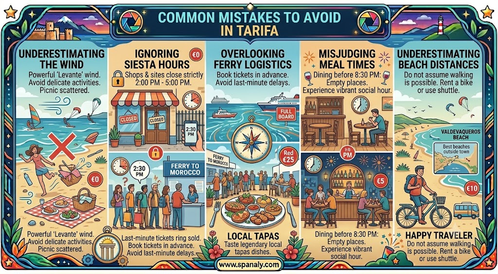 An infographic highlighting common travel mistakes to avoid in Tarifa, Spain, including tips on wind, siesta hours, ferry logistics, and meal times.