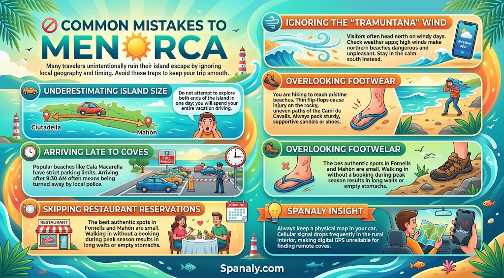 Colorful infographic highlighting common travel mistakes to avoid in Menorca, including tips on island navigation, wind awareness, beach arrival times, proper hiking footwear, and restaurant reservations.