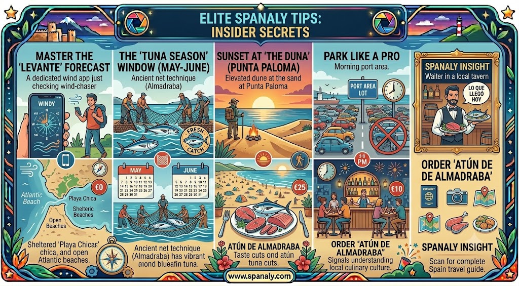 Exclusive travel tips and insider secrets for Tarifa, Spain, covering wind forecasting, the best tuna season, parking, and local dining etiquette.