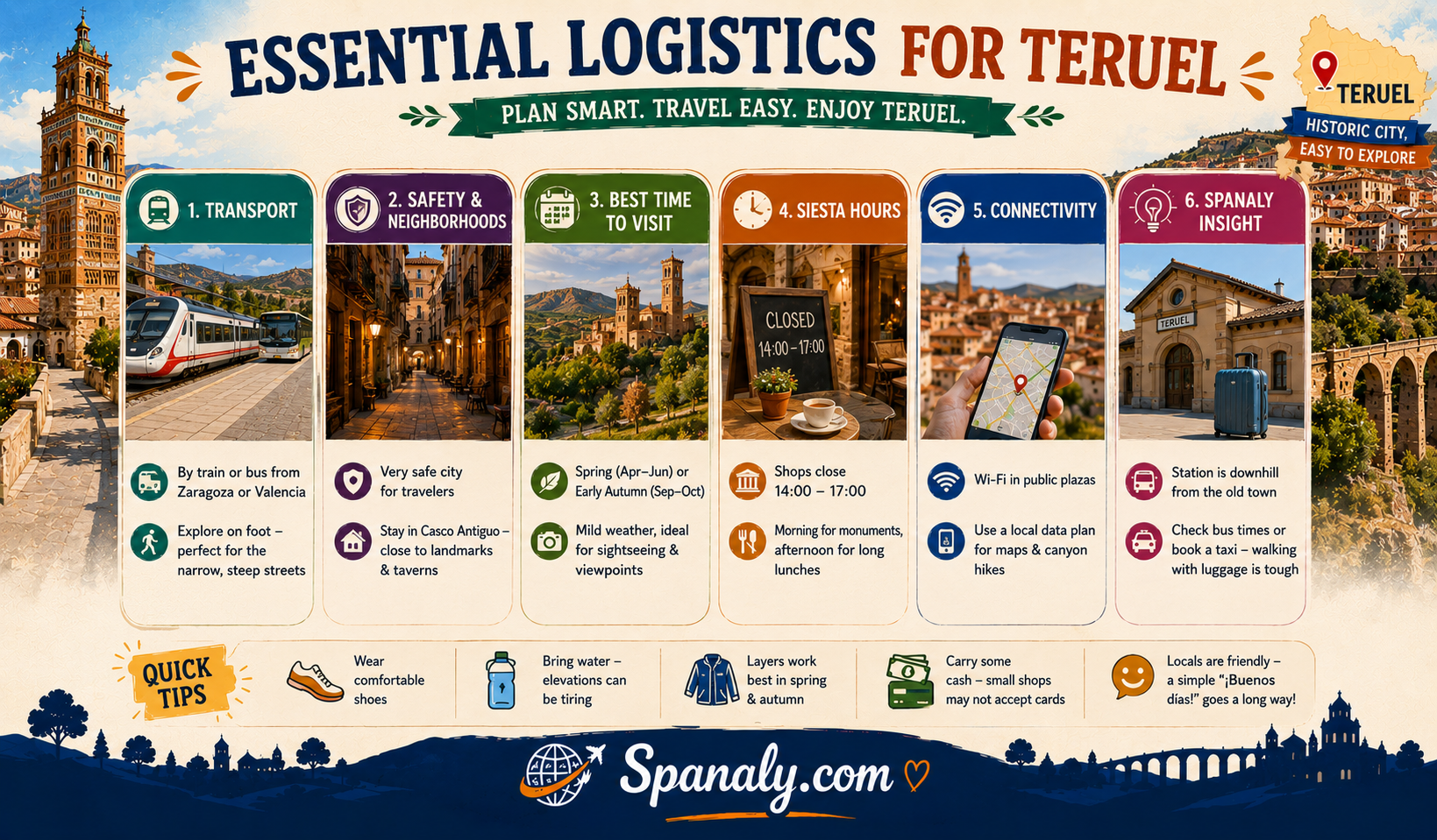 Colorful travel infographic with essential logistics for visiting Teruel, Spain, featuring transportation options, safety tips, best time to visit, siesta hours, connectivity advice, walking routes, and practical travel information for tourists.