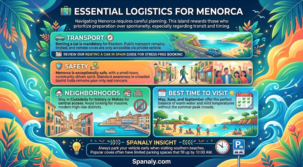 Colorful infographic highlighting essential travel logistics for Menorca, including tips on car rental, safety, best neighborhoods to stay, and the best time to visit for a seamless island vacation.