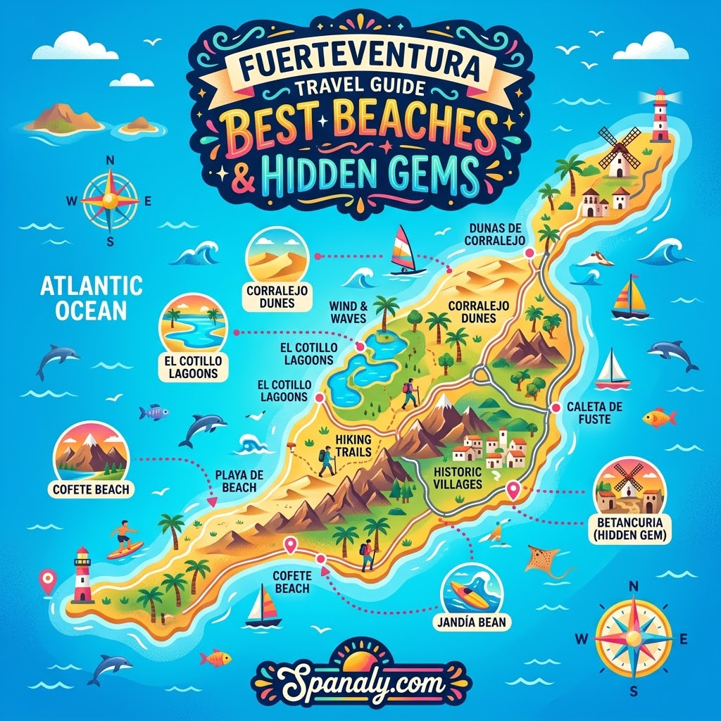 An epic illustrated map of Fuerteventura showcasing its best beaches, hidden gems, and top tourist attractions for a perfect island getaway.