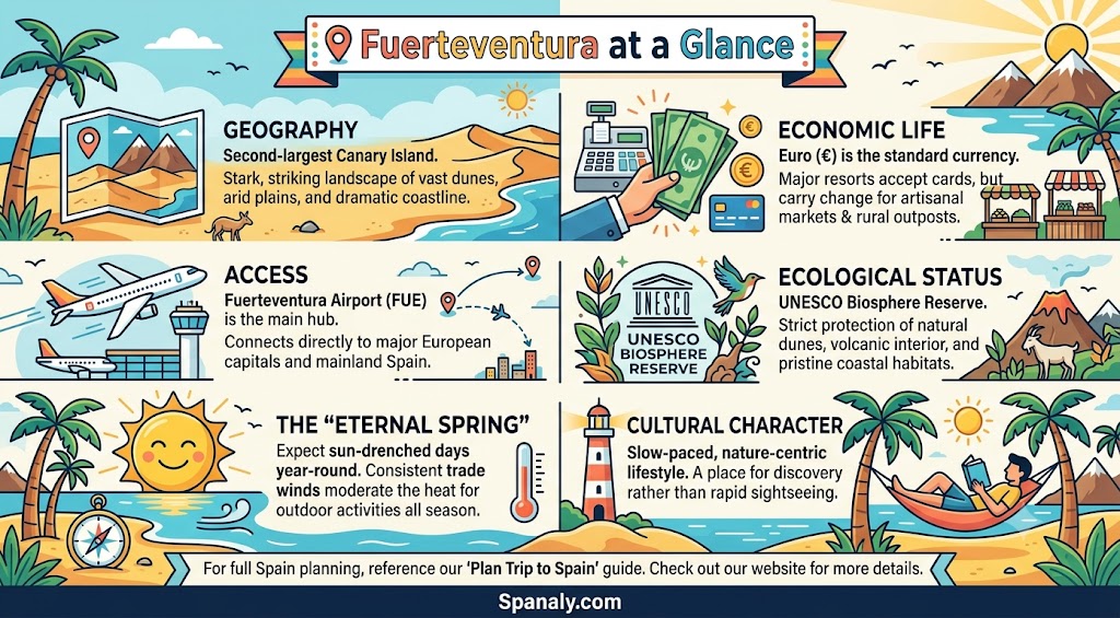 An infographic summary of Fuerteventura travel essentials, including geography, access, climate, currency, and cultural highlights for a perfect island trip.