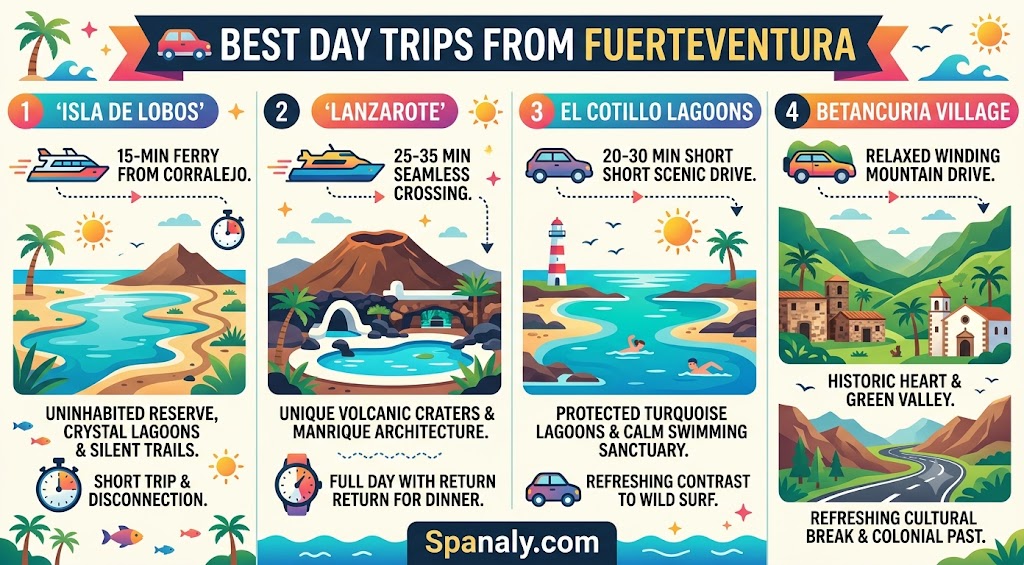An infographic showcasing the best day trips from Fuerteventura, including Isla de Lobos, Lanzarote, El Cotillo lagoons, and Betancuria village for a perfect island itinerary.