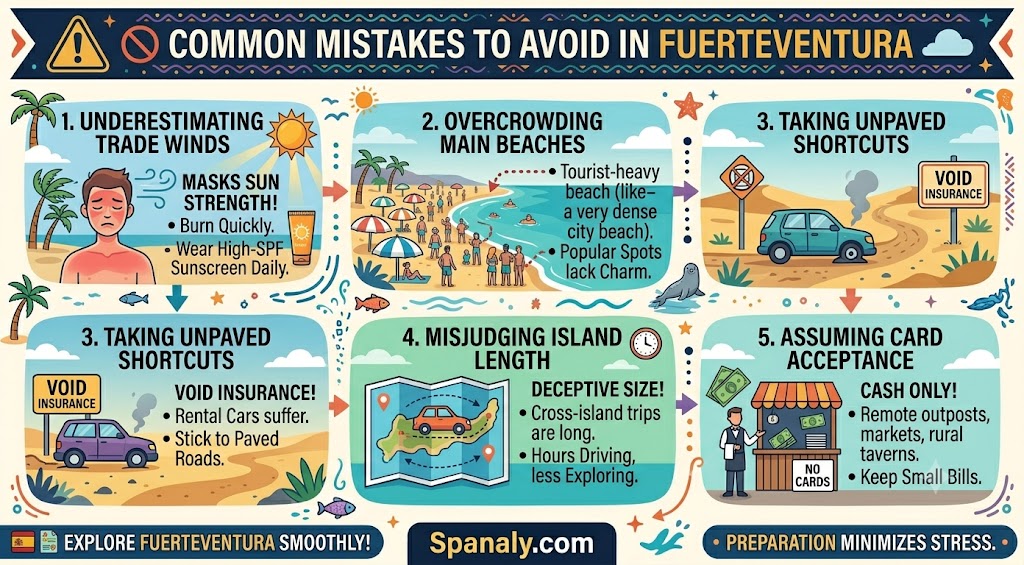 An infographic illustrating common travel mistakes to avoid in Fuerteventura, including tips on sun protection, car rental, cash usage, and planning for island travel.