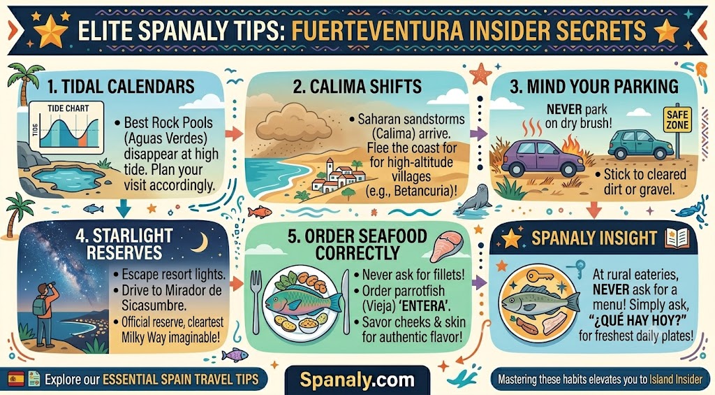 An infographic featuring elite Fuerteventura travel tips, including tidal advice for rock pools, handling sandstorms, safe parking, stargazing at Sicasumbre, and authentic local dining secrets.