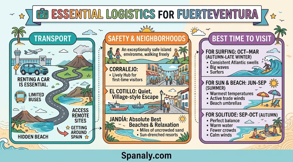 An infographic detailing essential travel logistics for Fuerteventura, including car rental requirements, safety in neighborhoods like Corralejo and Jandía, and the best time to visit for surfing and solitude.