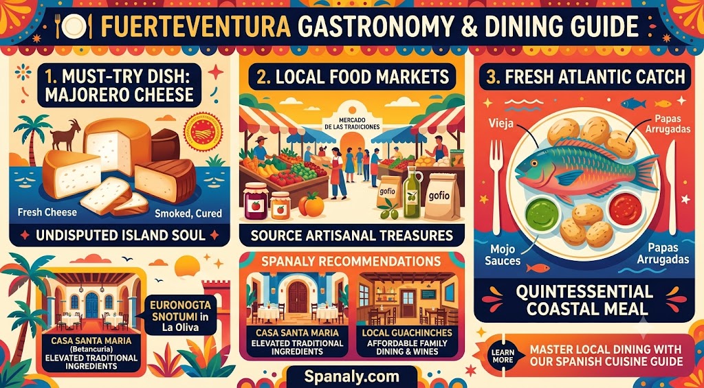 An infographic showcasing Fuerteventura gastronomy, featuring Majorero cheese, fresh Atlantic parrotfish, traditional papas arrugadas, and local food markets for travelers.