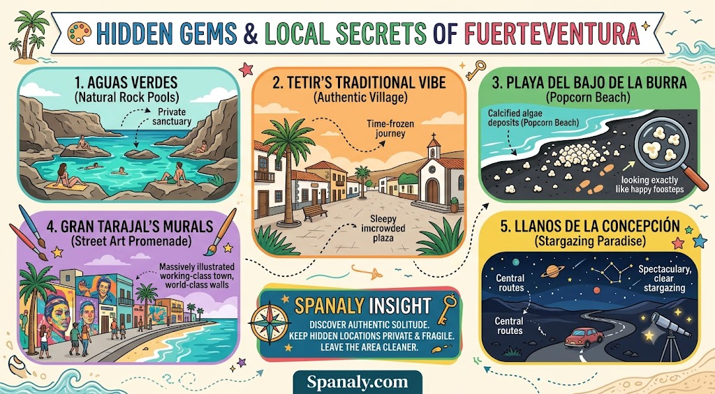 An infographic featuring hidden gems in Fuerteventura, including rock pools, authentic villages, unique popcorn beaches, vibrant street art, and prime stargazing spots.
