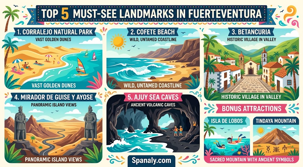 An infographic illustrating the top 5 landmarks in Fuerteventura, including Corralejo Dunes, Cofete Beach, Betancuria village, Ajuy Caves, and mountain viewpoints.