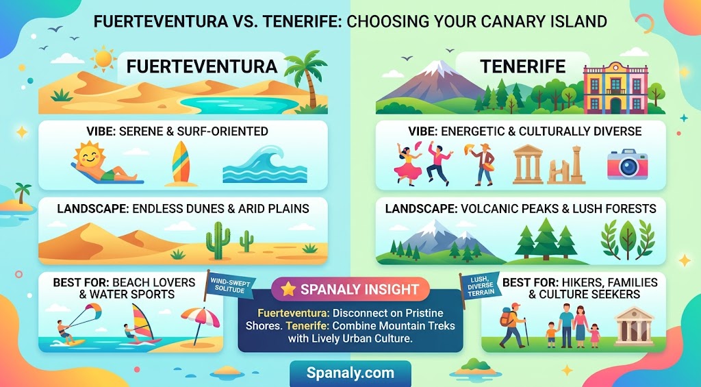 An infographic comparing Fuerteventura and Tenerife across vibe, landscape, activities, and best for, showcasing differences between a serene beach getaway and energetic mountain adventure.