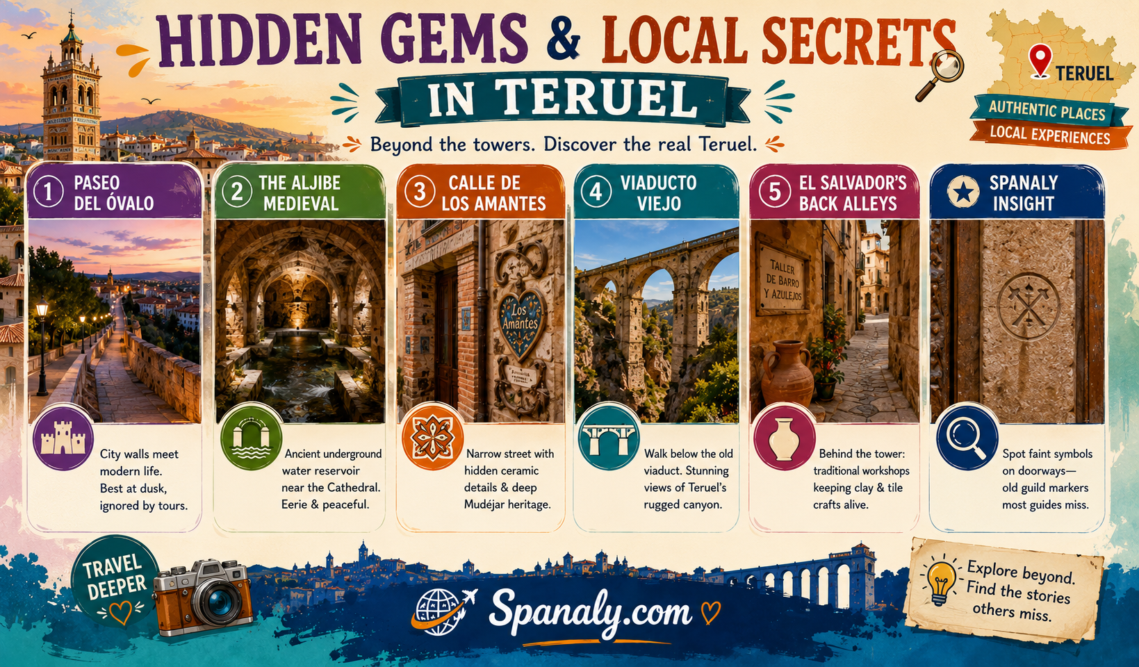 Colorful travel infographic featuring hidden gems and local secrets in Teruel, Spain, including Paseo del Óvalo, Aljibe Medieval, Calle de los Amantes, Viaducto Viejo, artisan workshops, and lesser-known historic attractions.