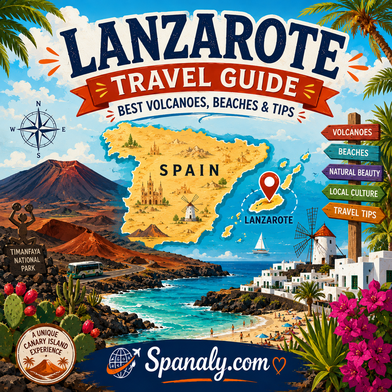 Colorful illustrated travel guide cover for Lanzarote, Spain, featuring a map of Spain with Lanzarote highlighted, Timanfaya National Park volcanoes, black lava landscapes, whitewashed villages, golden beaches, turquoise Atlantic waters, windmills, and iconic Canary Islands scenery.