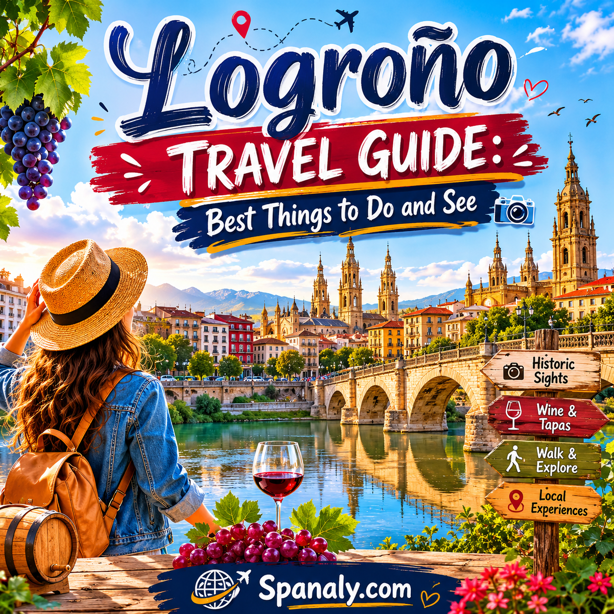 Colorful illustrated travel guide cover for Logroño, Spain, featuring the Stone Bridge over the Ebro River, Rioja wine, historic landmarks, vibrant cityscape, and iconic attractions in La Rioja.
