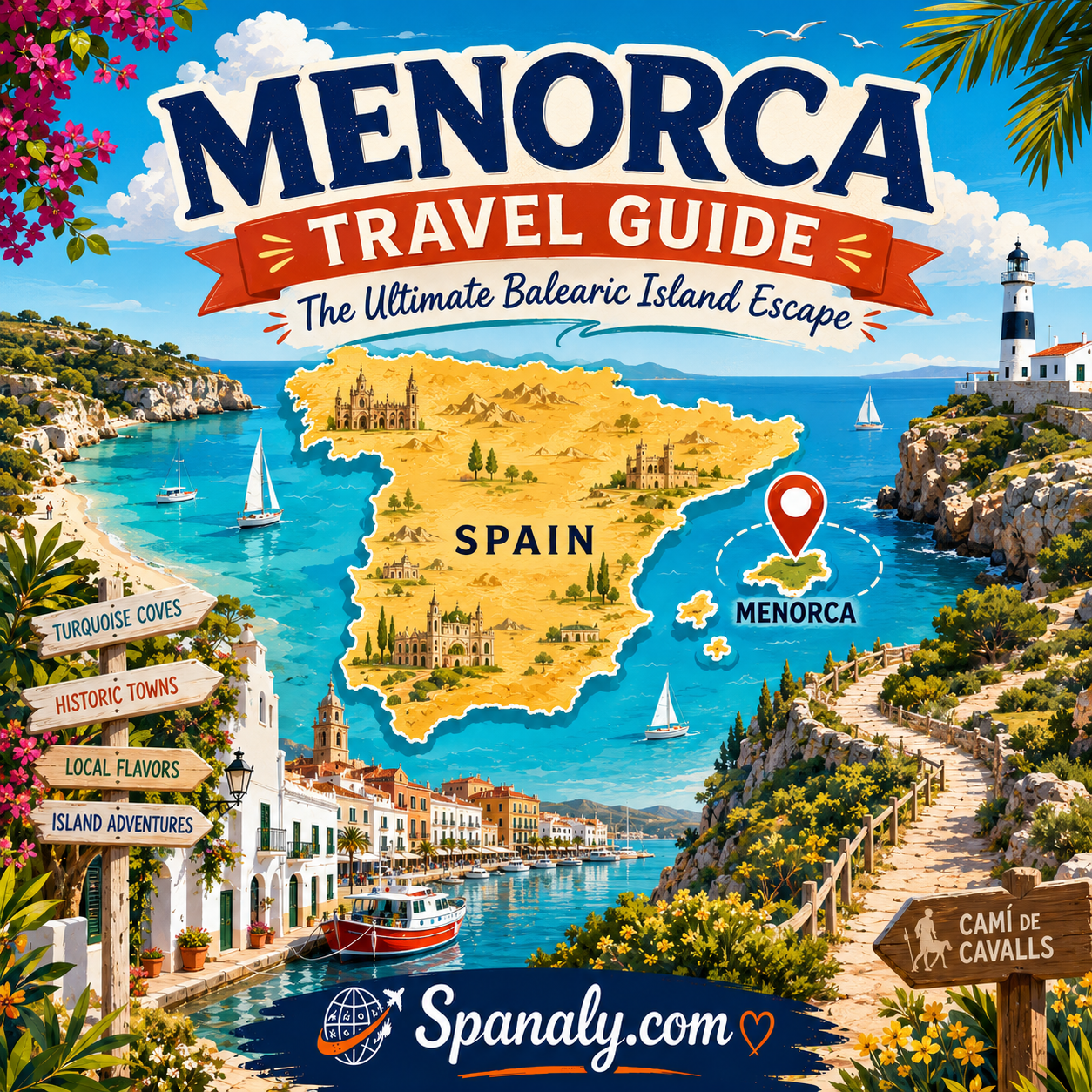 Colorful illustrated travel guide cover for Menorca, Spain, featuring a map of Spain with Menorca highlighted, turquoise coves, white-sand beaches, Ciutadella, Mahón Harbor, coastal lighthouses, sailing boats, Camí de Cavalls trails, and Mediterranean island scenery.